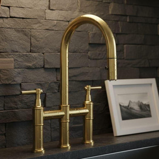Solid Brass Kitchen Faucet, Modern Curved Sink Fixture – detail view