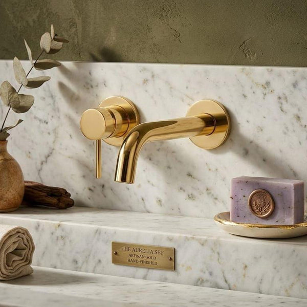 Brushed Brass Wall Mount Faucet, Solid Vanity Fixture