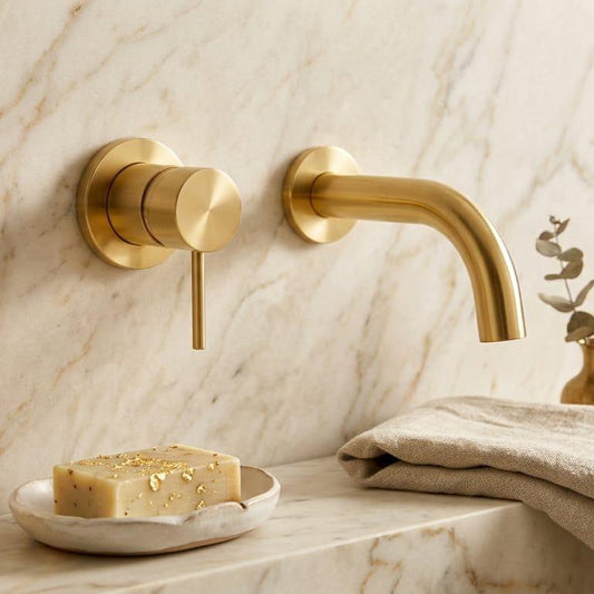 Brushed Brass Wall Mount Faucet, Solid Vanity Fixture – detail view