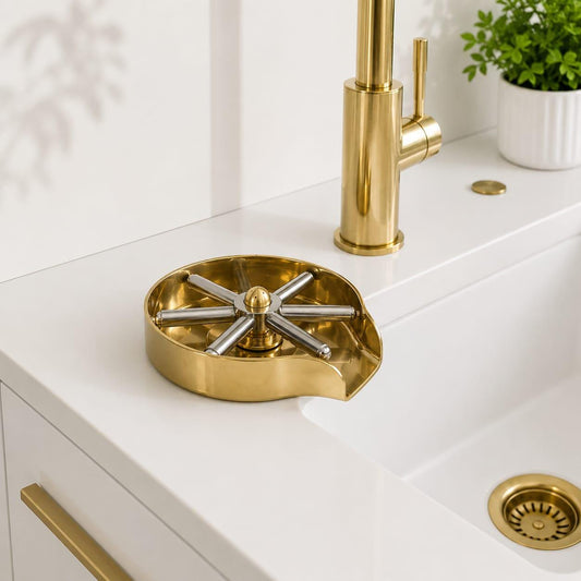 Modern Brass Glass Rinser, Stainless Steel Spinner Handle – detail view