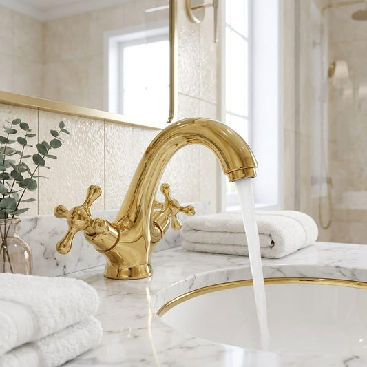 Unlacquered Brass Bathroom Faucet, 3 Hole Vanity Tap – detail view