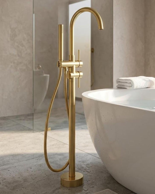 Freestanding Bathtub Faucet Gold Brass Floor Mount Tub Filler with Handheld Shower – detail view