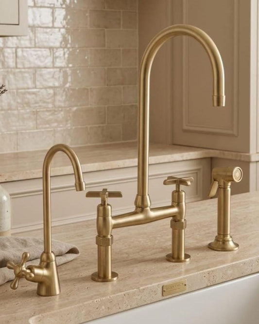Solid Brass Bridge Kitchen Faucet with Side Sprayer – detail view
