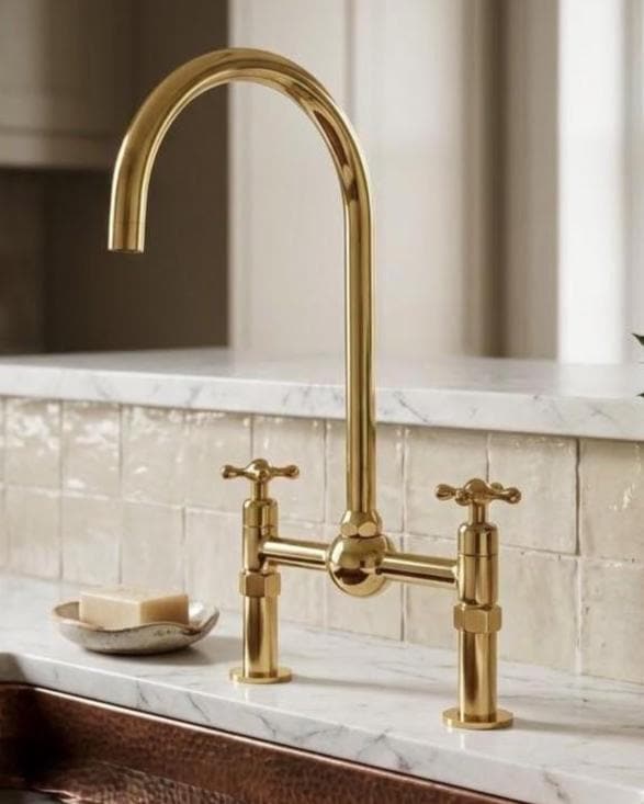 Unlacquered Brass Bridge Kitchen Faucet, High Arc Sink Mixer