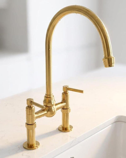 Unlacquered Brass Bridge Kitchen Faucet, Unlacquered Brass Gooseneck Tap – detail view
