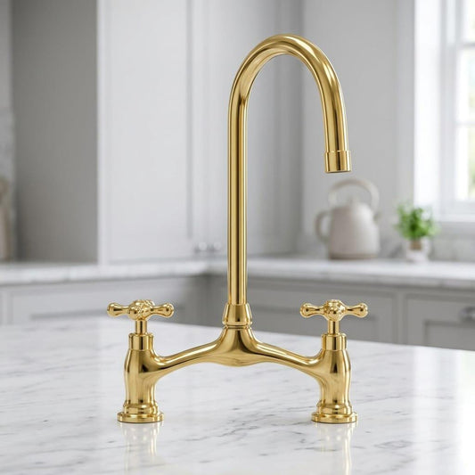 Unlacquered Brass Bridge Kitchen Faucet, High Arc Gold Sink Mixer – detail view