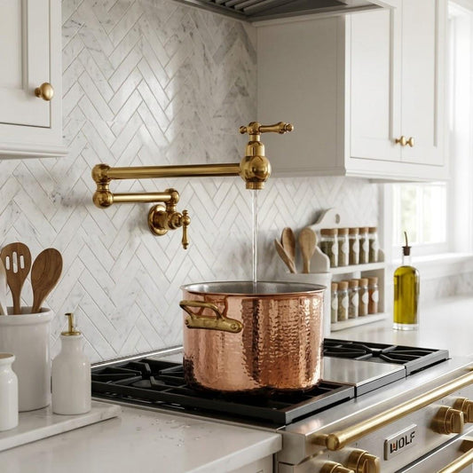 Unlacquered Brass Pot Filler Faucet, Wall Mount Stove Faucet – detail view