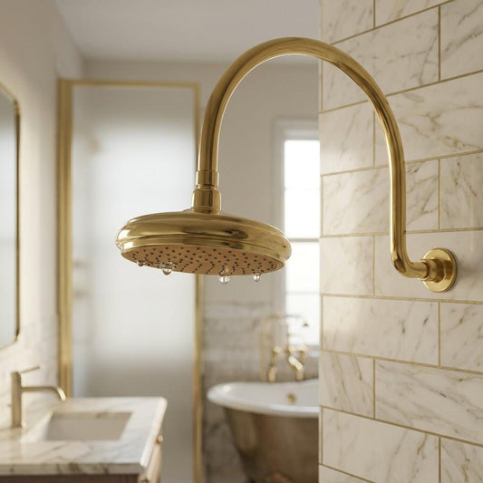 Unlacquered Brass Rain Shower Head, Curved Arm – detail view