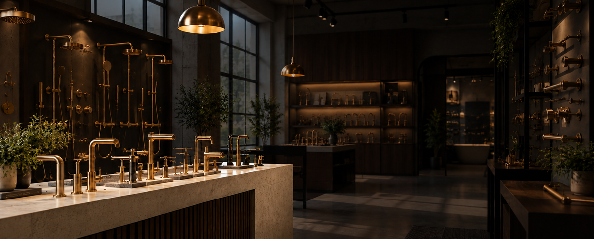 Unlacquered brass faucets and fixtures in a warm kitchen showroom