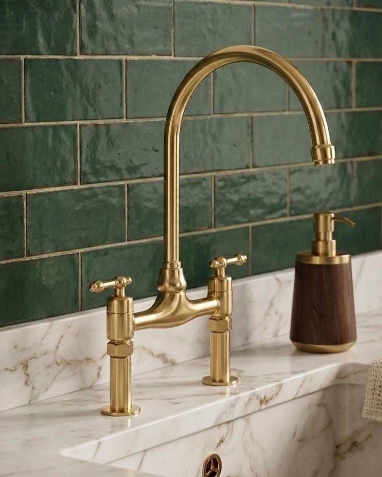 Solid brass bridge kitchen faucet with high arc spout
