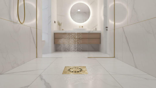Square Solid Brass Shower Drain, Antique Brass Finish – detail view