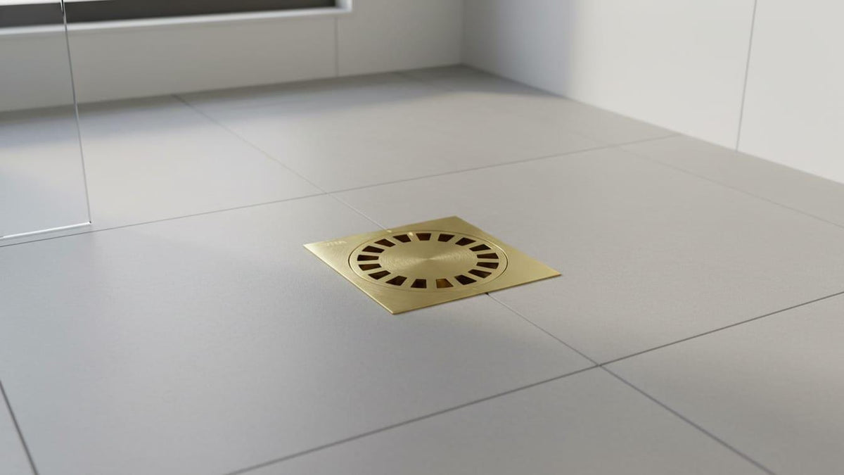Square Solid Brass Shower Drain, Antique Brass Finish – close-up of the finish