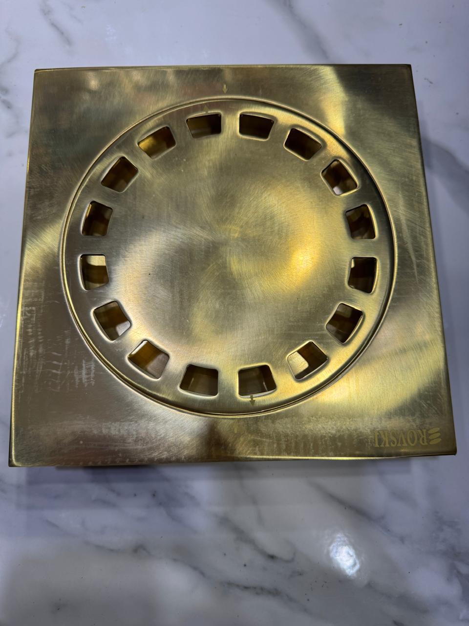 Square Solid Brass Shower Drain, Antique Brass Finish – alternate angle
