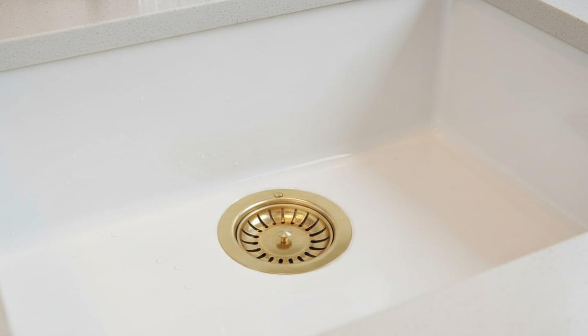 Unlacquered Brass Kitchen Sink Strainer, Solid Brass Drain – detail view