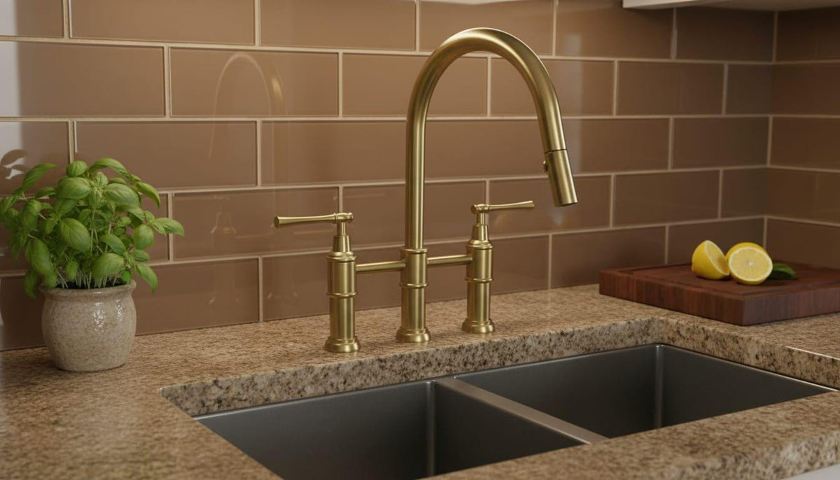 Unlacquered Brass Bridge Faucet, Pull-Down Sprayer – close-up of the finish