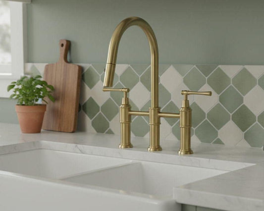 Unlacquered Brass Bridge Faucet, Pull-Down Sprayer – detail view