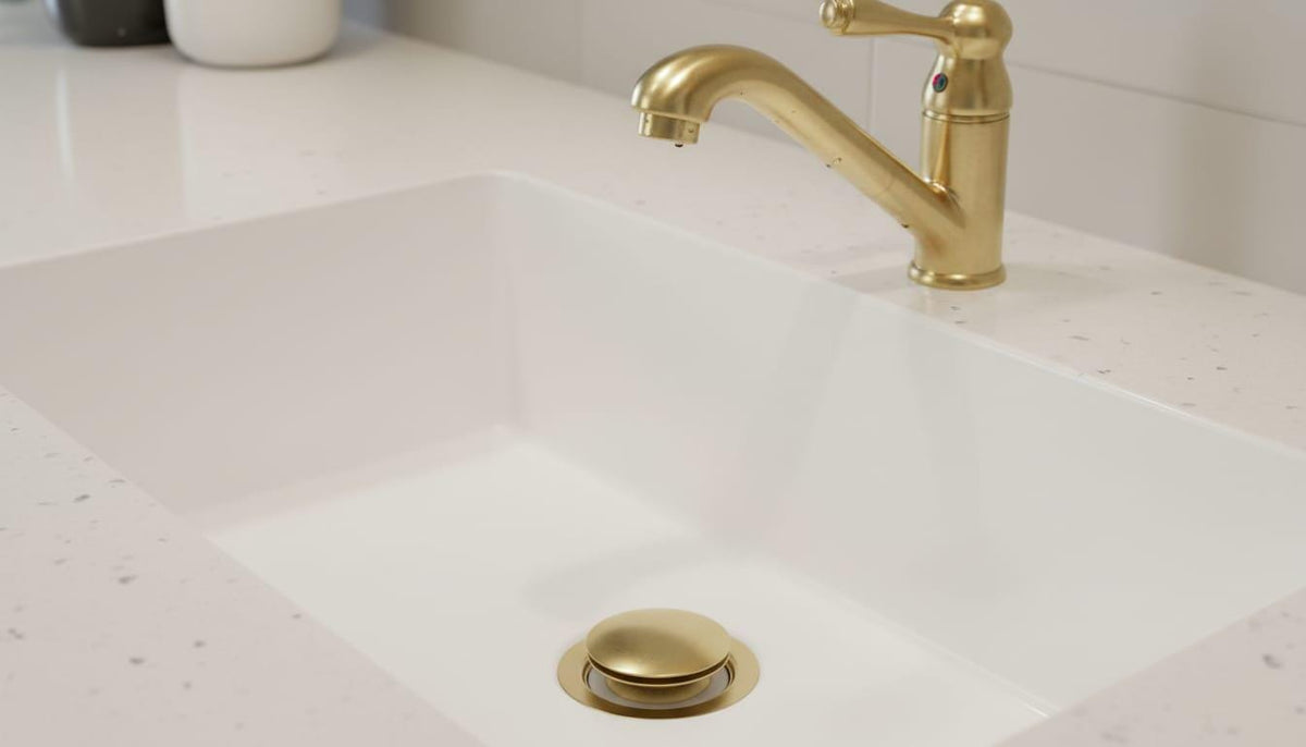 Unlacquered Brass Kitchen Sink Drain, Solid Pop Up Stopper – installed view
