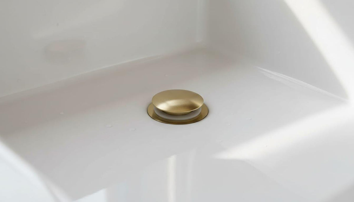 Unlacquered Brass Kitchen Sink Drain, Solid Pop Up Stopper – alternate angle