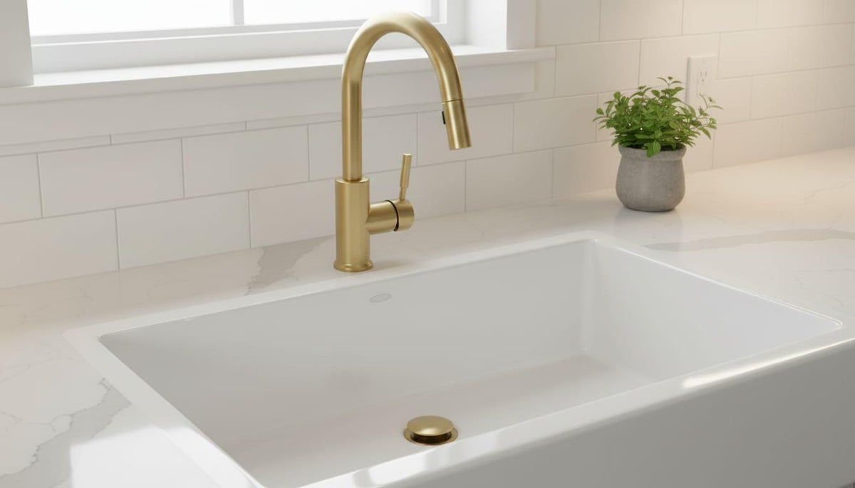 Unlacquered Brass Kitchen Sink Drain, Solid Pop Up Stopper – detail view