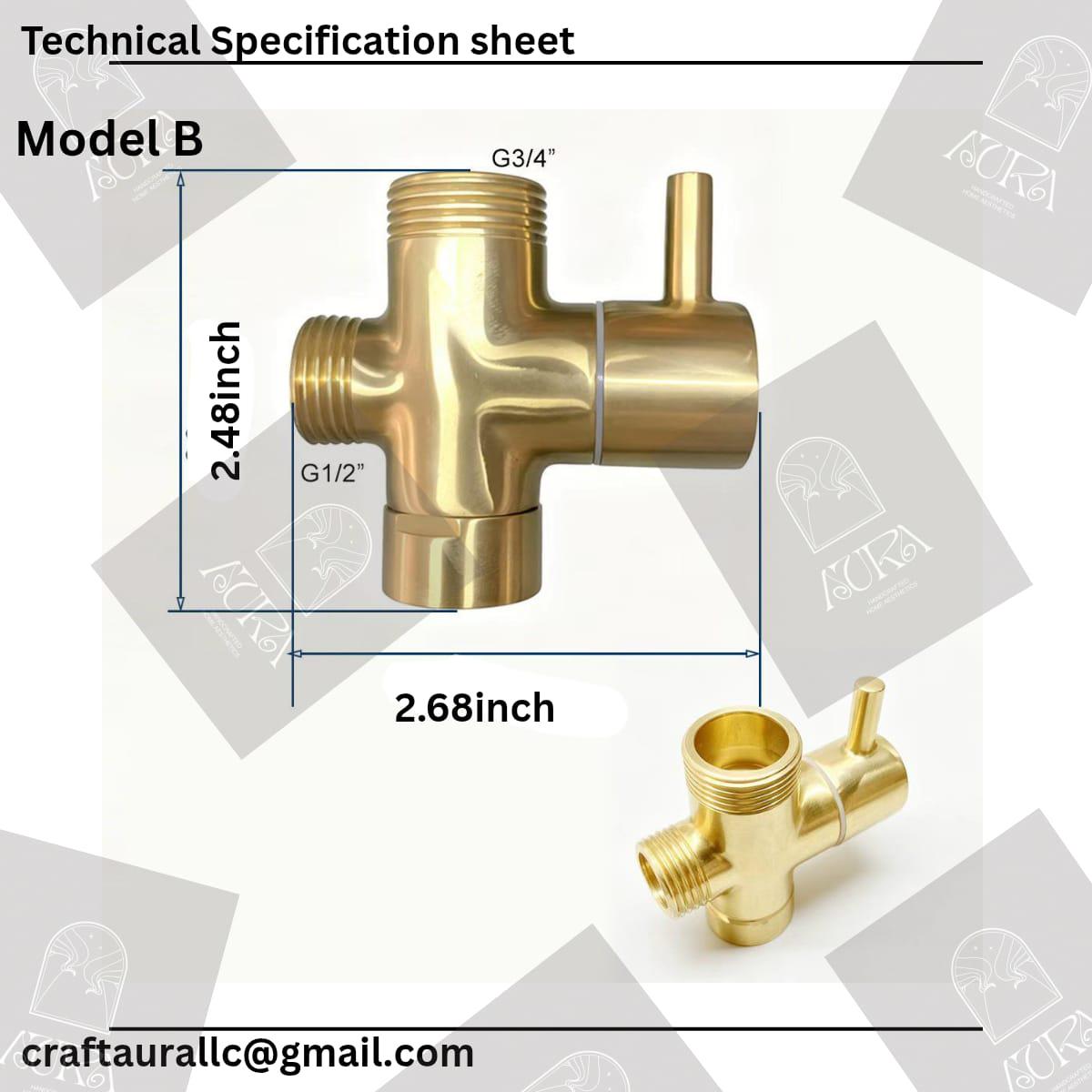 Unlacquered Brass 3-Way Diverter Valve, Solid Shower Adapter – alternate angle