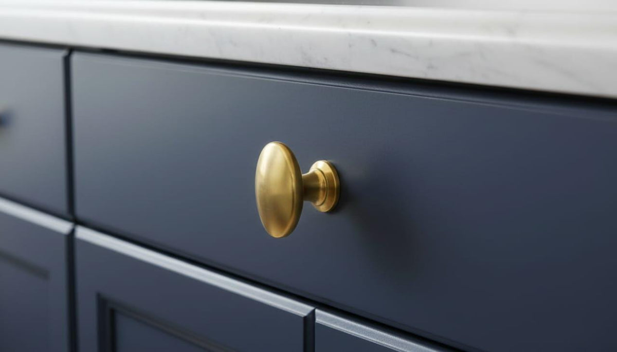 Unlacquered Brass Oval Cabinet Knob, Solid Drawer Pull – installed view