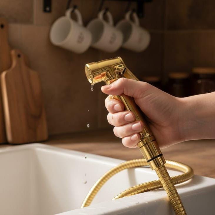Unlacquered Brass Kitchen Side Sprayer – close-up of the finish