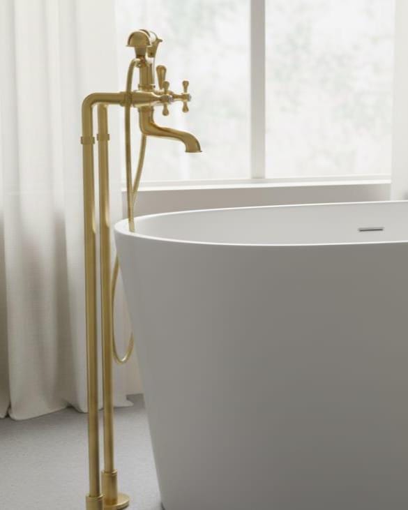 Solid Brass Freestanding Tub Filler – installed view