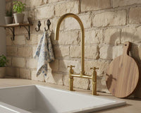 Unlacquered Brass Bridge Kitchen Faucet, Vintage Farmhouse Sink Mixer Tap, Solid Brass Swivel Spout