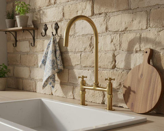 Unlacquered Brass Bridge Kitchen Faucet, Solid Brass Swivel Spout