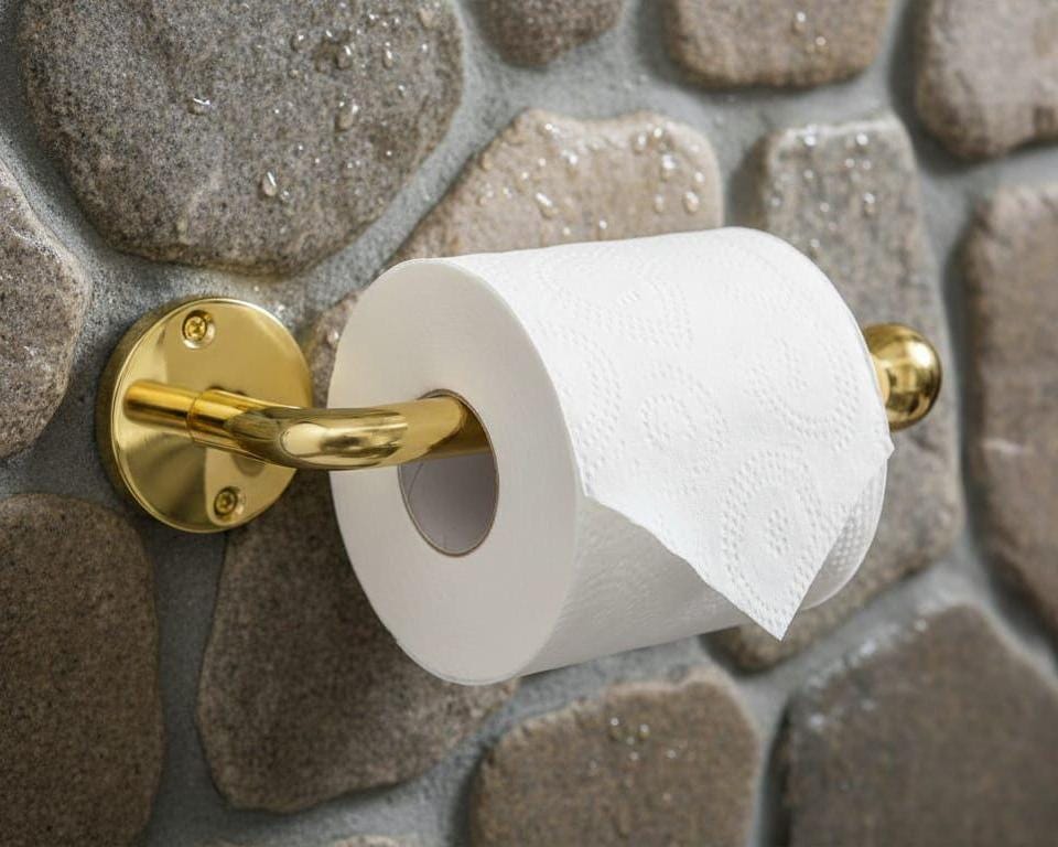 Golden Brass Toilet Paper Holder, Wall Mount – installed view