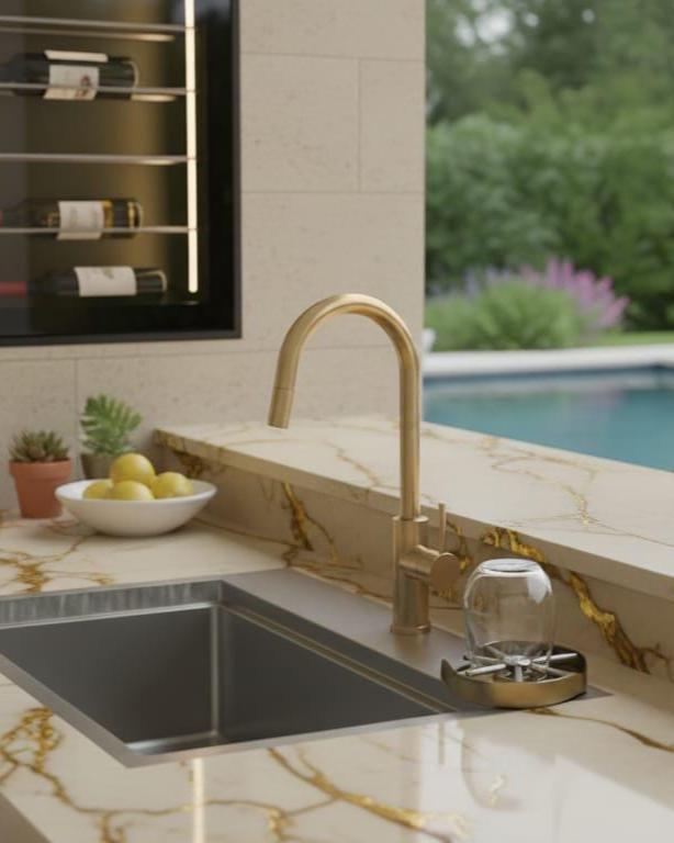 Unlacquered Brass Glass Rinser, Modern Gold Bar Accessory – installed view