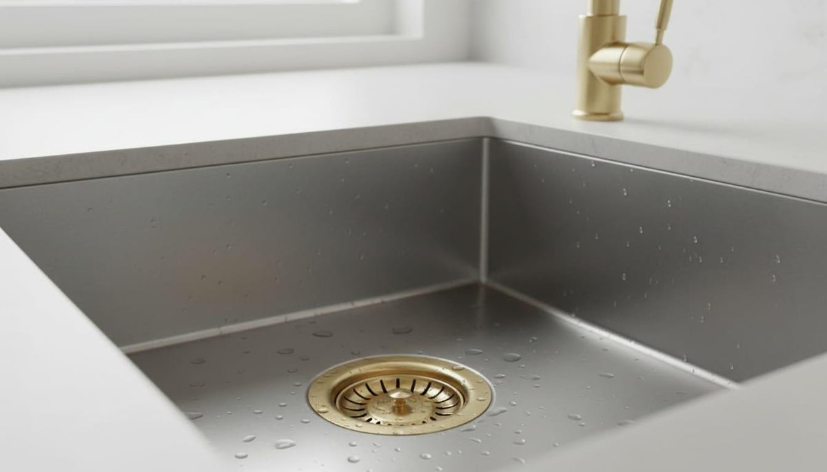 Unlacquered Brass Kitchen Sink Strainer, Solid Brass Drain – installed view