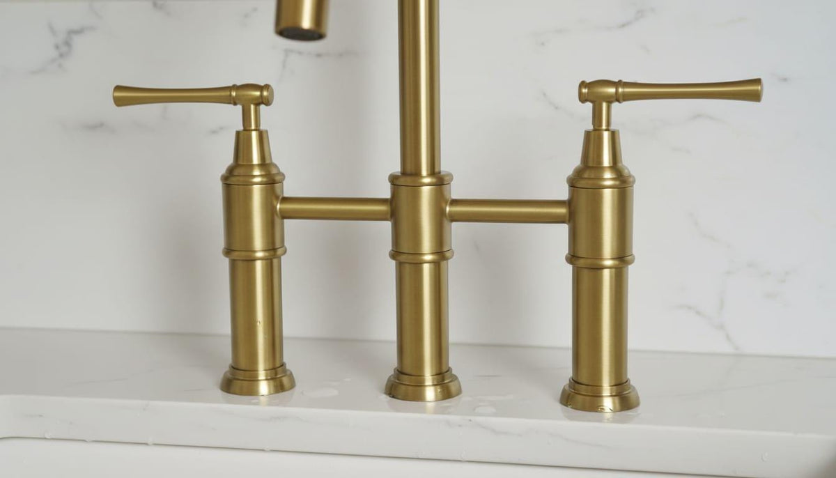 Unlacquered Brass Bridge Faucet, Pull-Down Sprayer – alternate angle