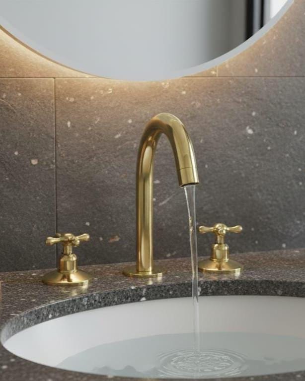 Unlacquered Brass Widespread Bathroom Faucet, 3 Hole Sink Mixer – alternate angle