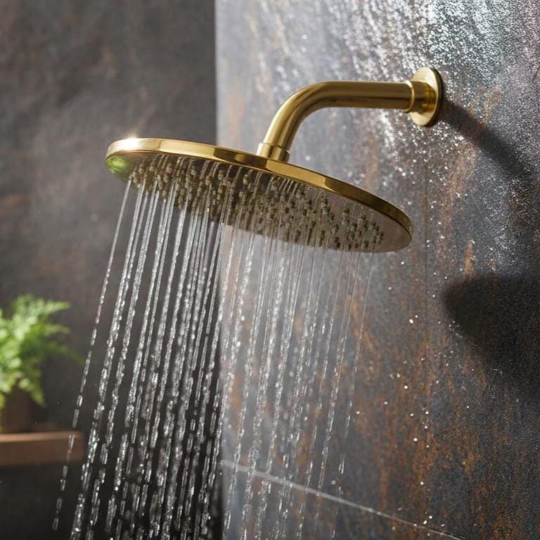Unlacquered Brass Rain Shower Head, Gold Wall Mount Fixture – installed view