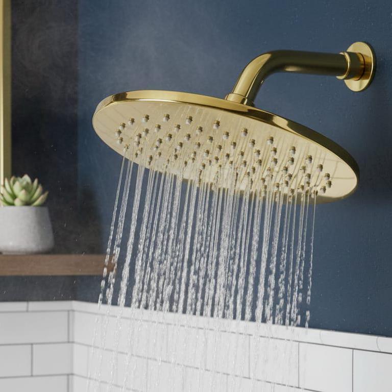 Unlacquered Brass Rain Shower Head, Gold Wall Mount Fixture – close-up of the finish
