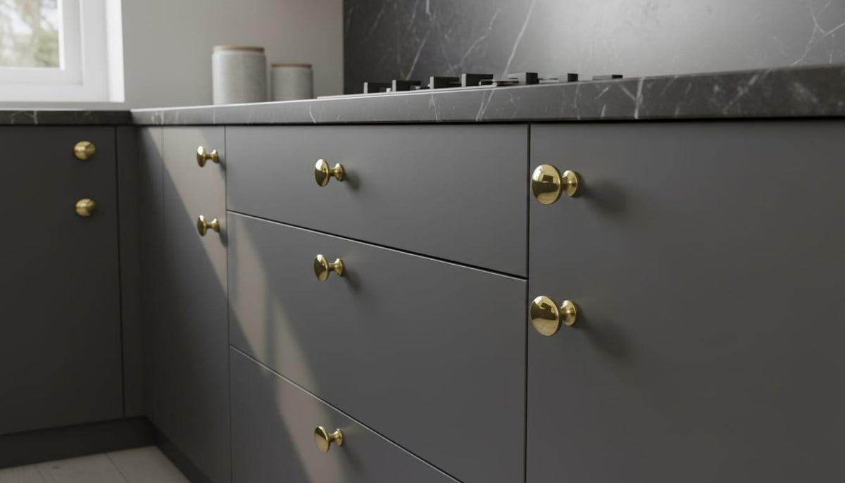 Solid Brass Round Cabinet Knobs, Modern Luxury Drawer Pulls – installed view