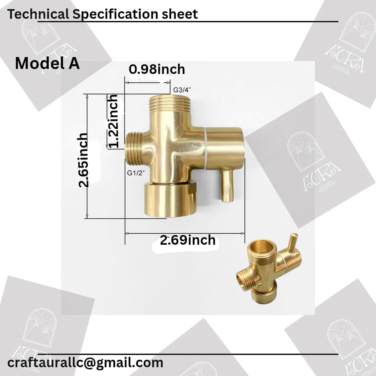 Unlacquered Brass 3-Way Diverter Valve, Solid Shower Adapter – close-up of the finish