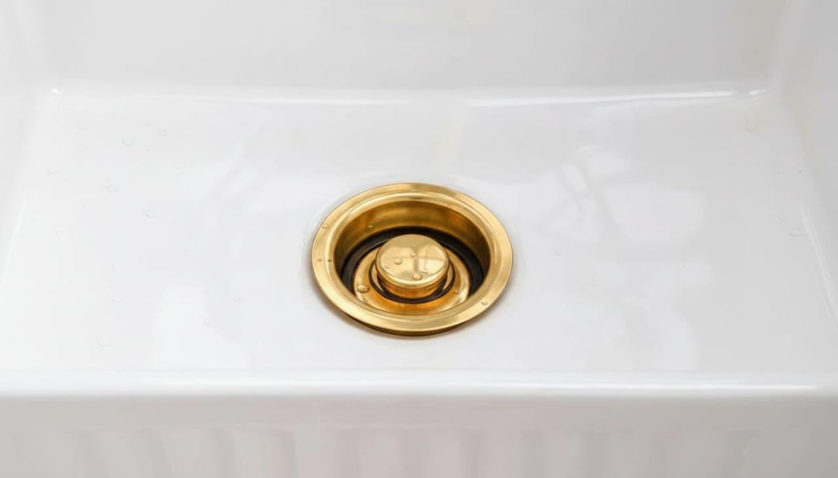 Unlacquered Brass Kitchen Sink Waste, Solid Drain Strainer – installed view