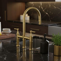 Solid Brass Kitchen Faucet – Polished Gold Dual Handle Mixer Tap, Modern Curved Sink Fixture