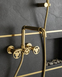 Wall Mount Shower Faucet Set Gold Brass, Vintage Bath Fixture with Handheld Shower