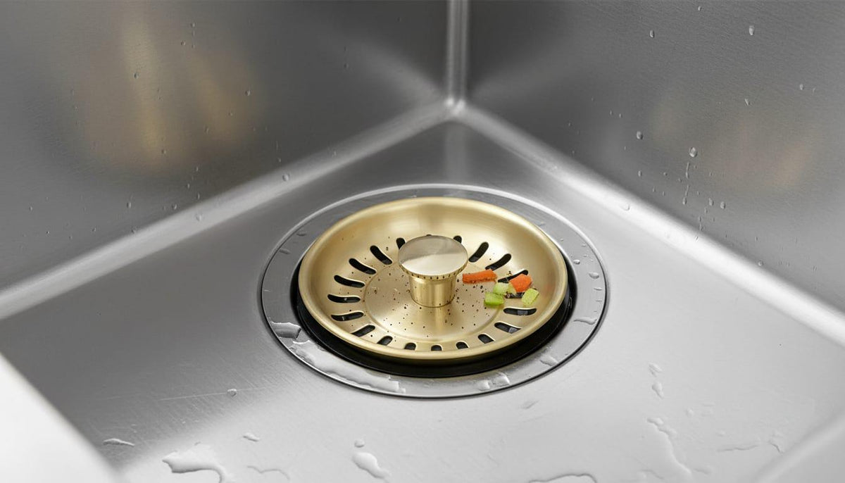 Gold Brass Sink Drain Strainer – installed view