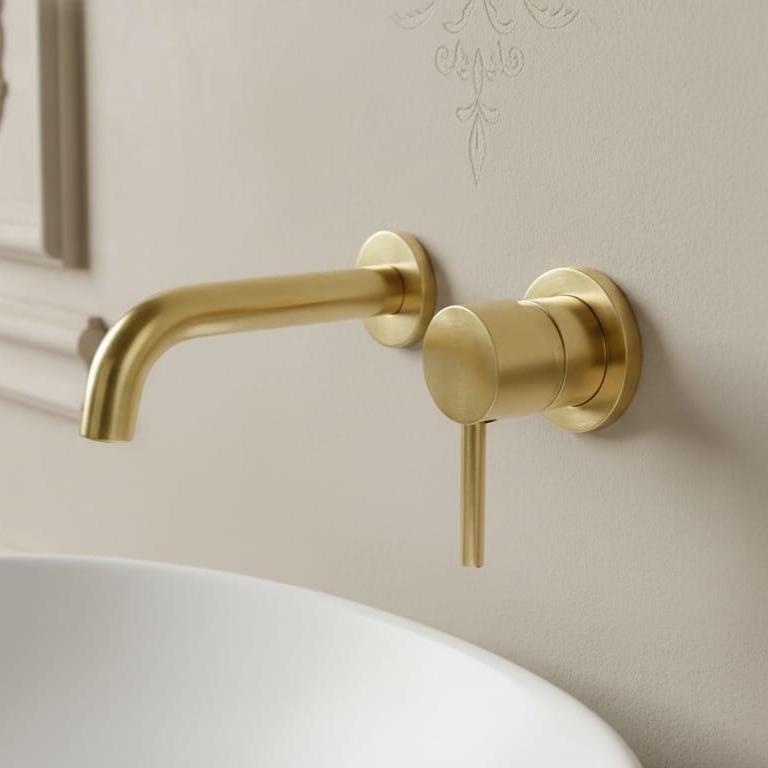 Wall Mount Bathroom Faucet Gold Brass, Sink Mixer Tap – installed view