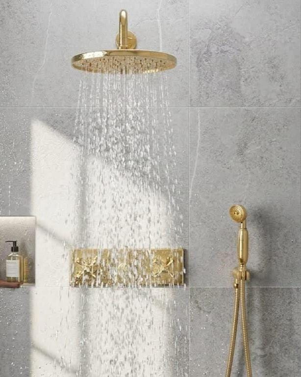 Unlacquered Brass Wall Mounted Shower System – close-up of the finish