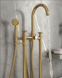 Unlacquered Brass Freestanding Tub Filler Faucet: Solid Brass Floor Mount Bathroom Fixture