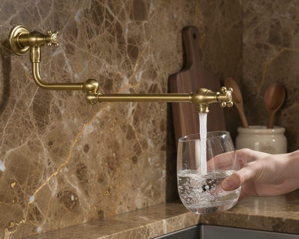 Unlacquered Brass Pot Filler Faucet, Wall Mount Folding Kitchen Tap – close-up of the finish