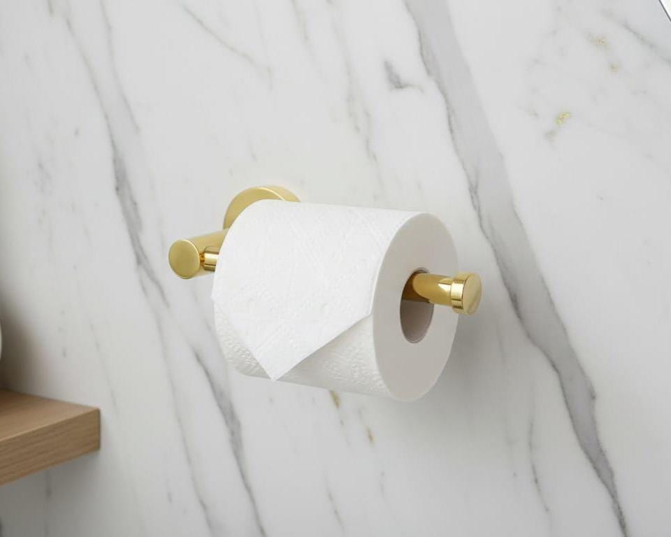 Solid Brass Toilet Paper Holder, Gold Bathroom Accessory – installed view