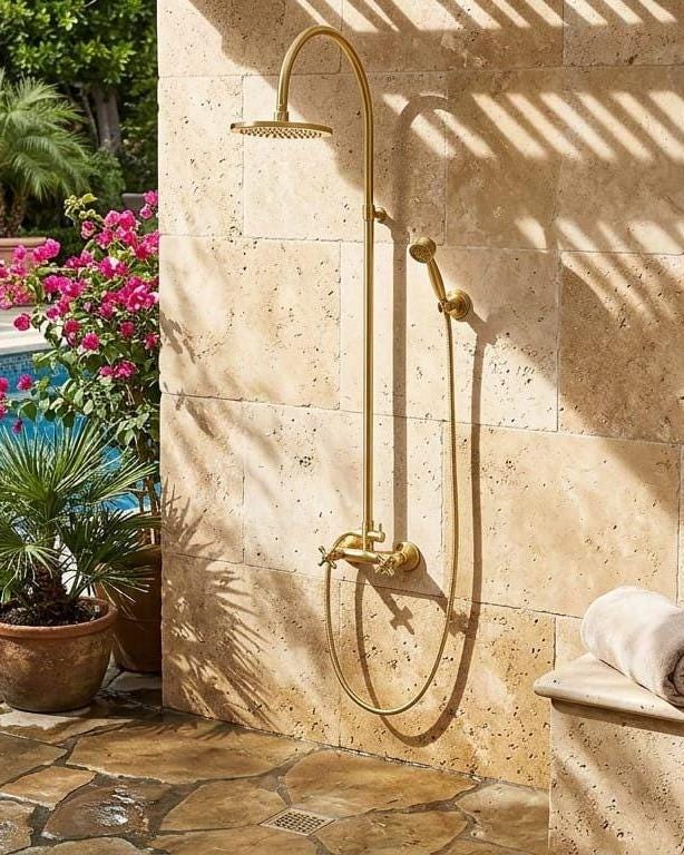 Brass Outdoor Shower System, Wall Mount Rain Handheld – alternate angle