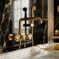 Wall Mount Shower Faucet Set Gold Brass, Vintage Bath Fixture with Handheld Shower