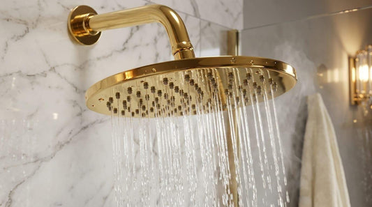 Unlacquered Brass Rain Shower Head, Gold Wall Mount Fixture – detail view